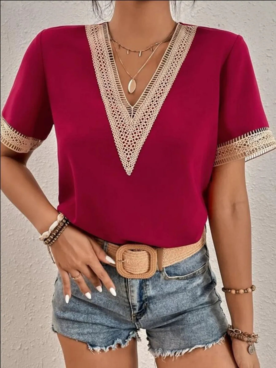 Full Size V - Neck Short Sleeve Blouse Plus Size - Deb Shops