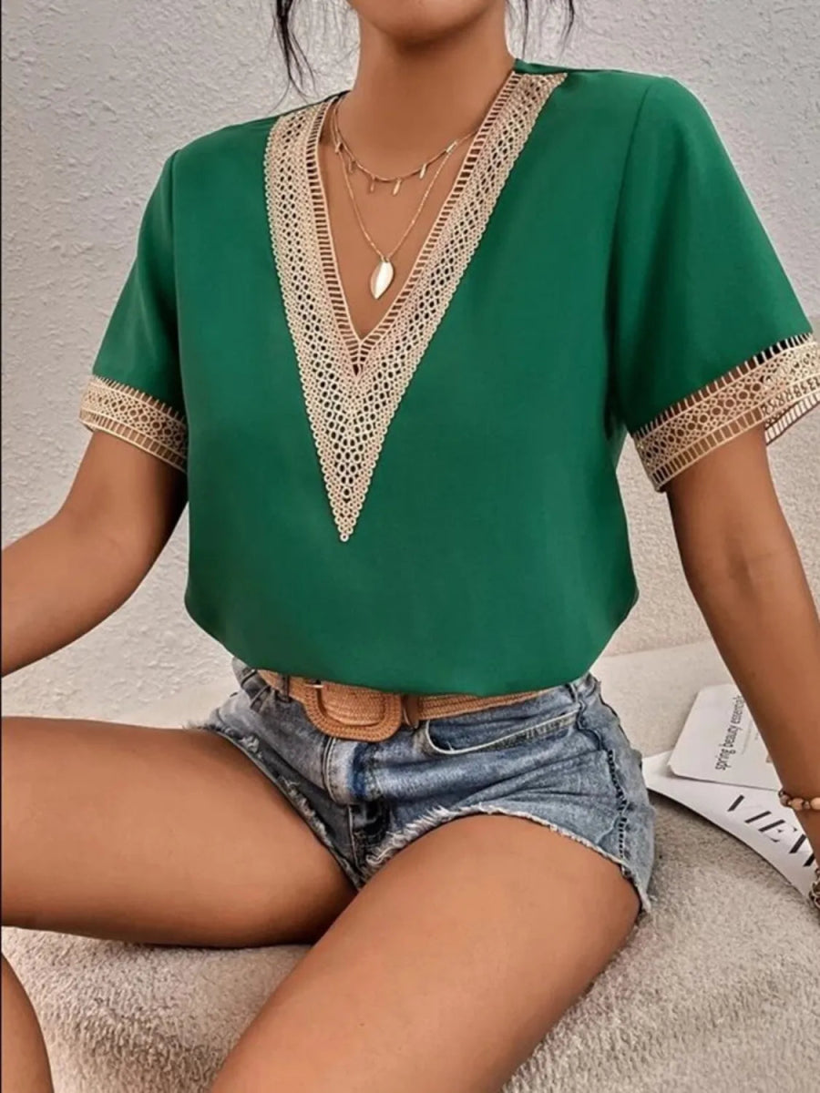 Full Size V - Neck Short Sleeve Blouse Plus Size - Deb Shops