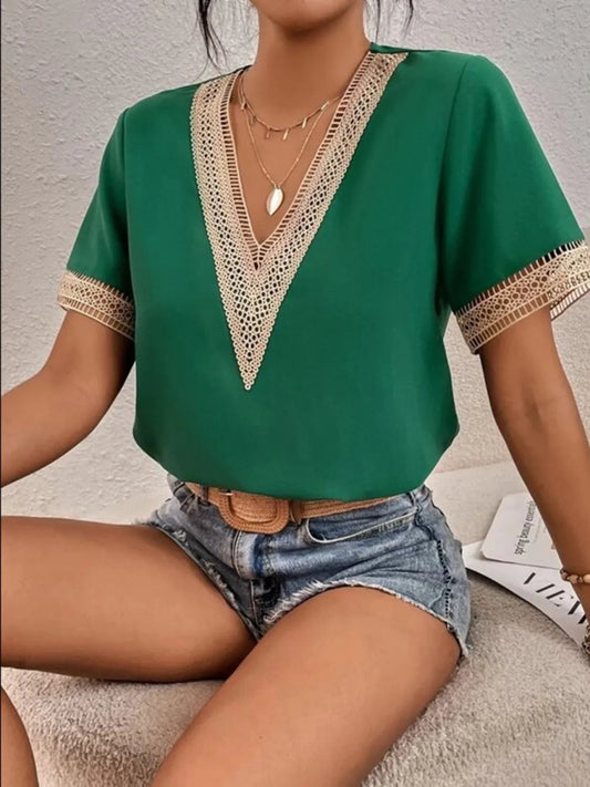 Full Size V - Neck Short Sleeve Blouse Plus Size - Deb Shops