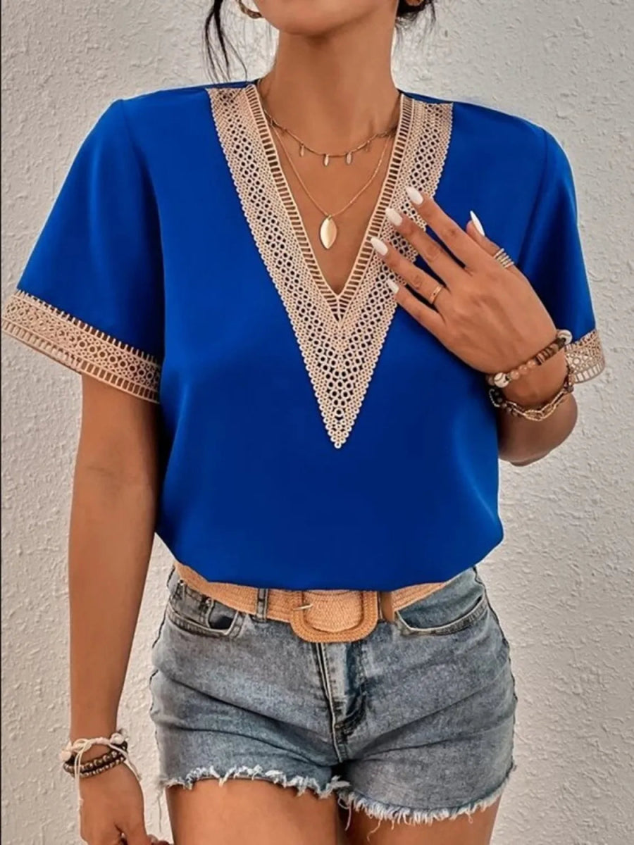 Full Size V - Neck Short Sleeve Blouse Plus Size - Deb Shops