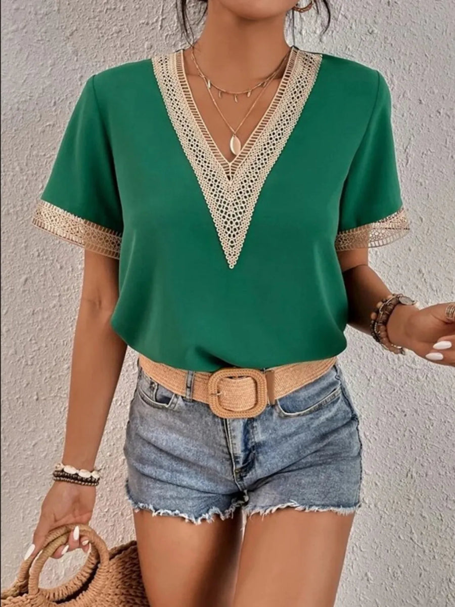 Full Size V - Neck Short Sleeve Blouse Plus Size - Deb Shops