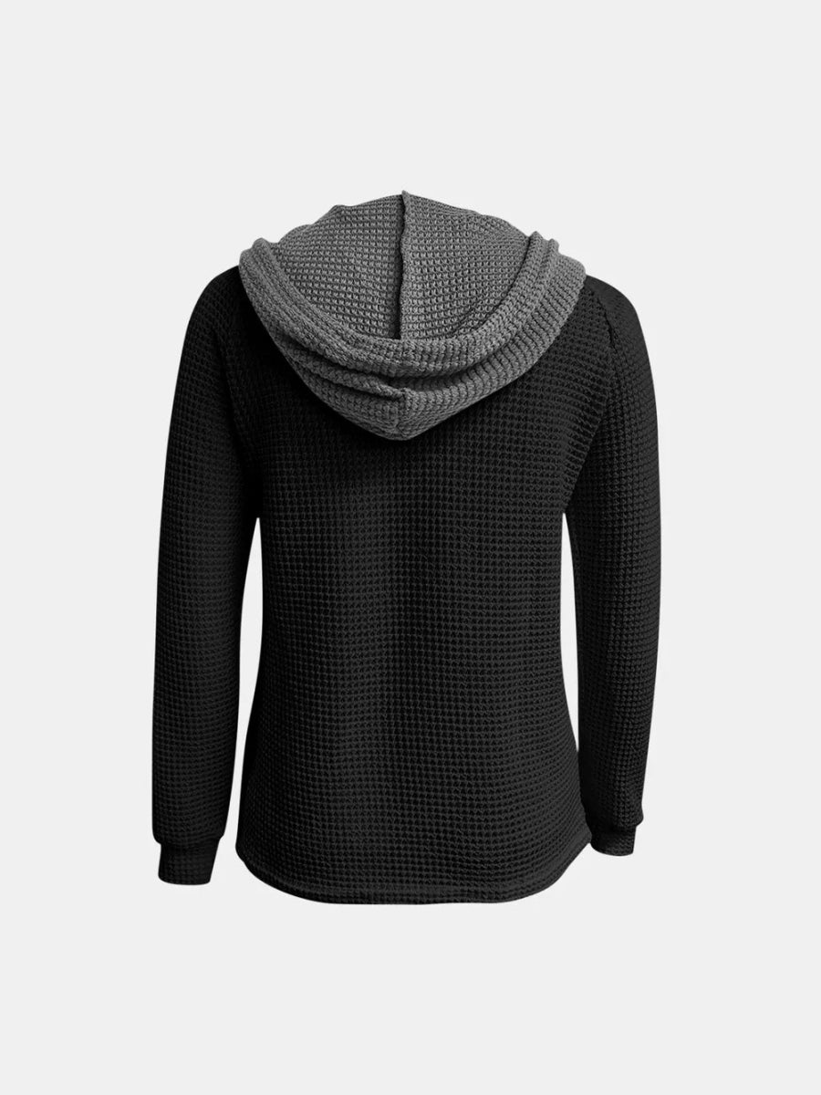 Full Size Waffle - Knit Contrast Long Sleeve Hoodie - Deb Shops