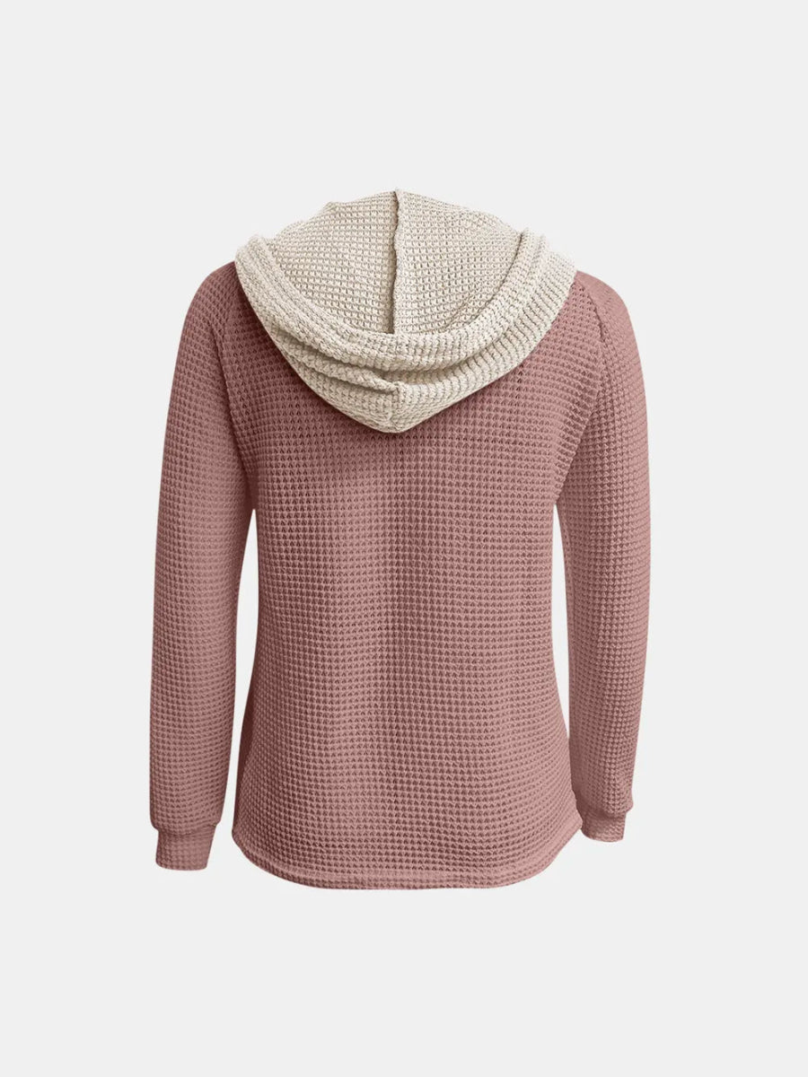 Full Size Waffle - Knit Contrast Long Sleeve Hoodie - Deb Shops