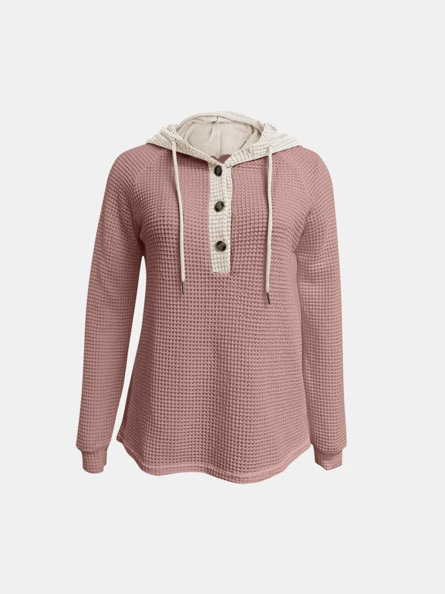 Full Size Waffle - Knit Contrast Long Sleeve Hoodie - Deb Shops