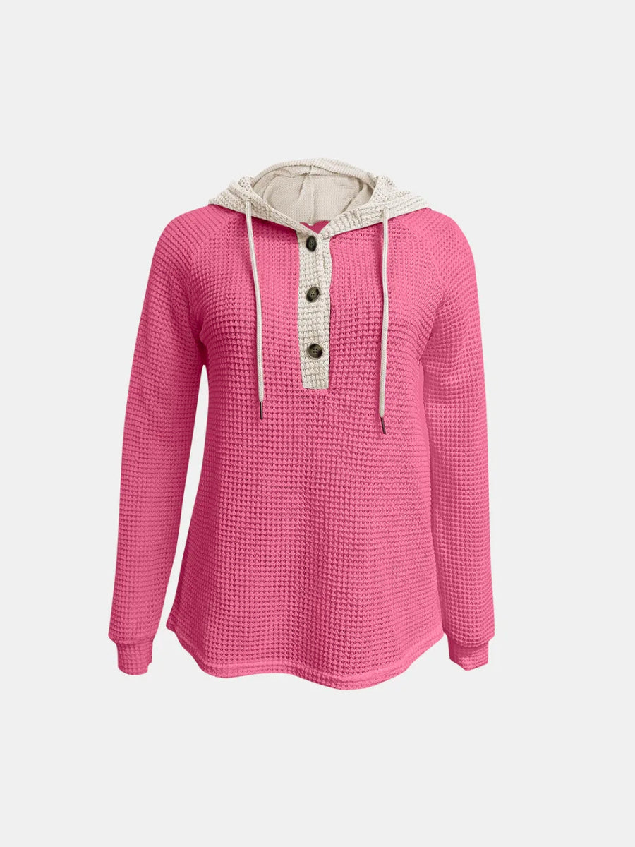 Full Size Waffle - Knit Contrast Long Sleeve Hoodie - Deb Shops