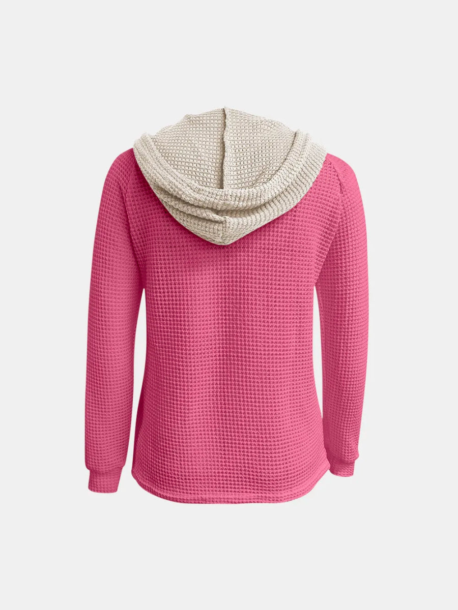 Full Size Waffle - Knit Contrast Long Sleeve Hoodie - Deb Shops