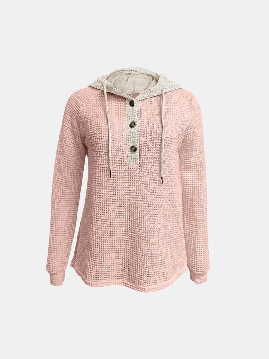 Full Size Waffle - Knit Contrast Long Sleeve Hoodie - Deb Shops