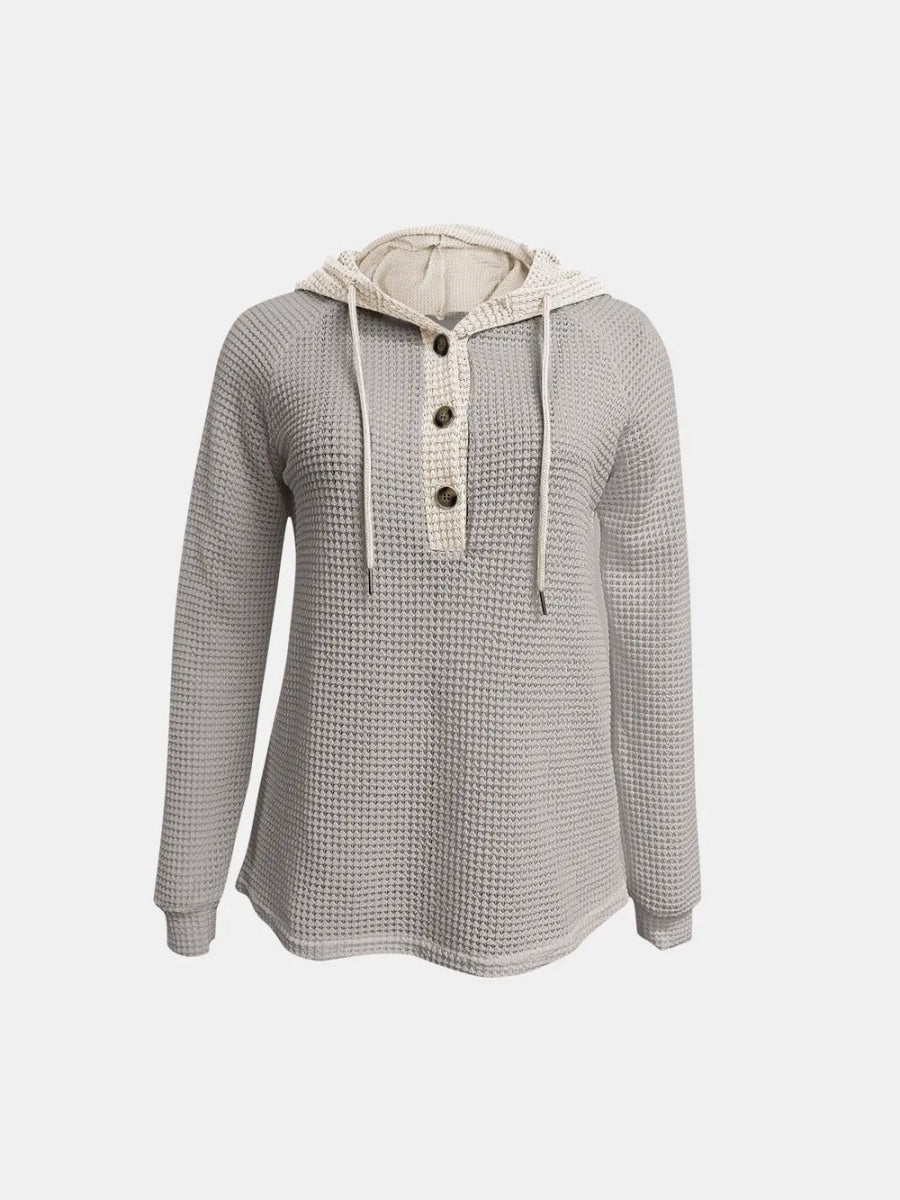 Full Size Waffle - Knit Contrast Long Sleeve Hoodie - Deb Shops