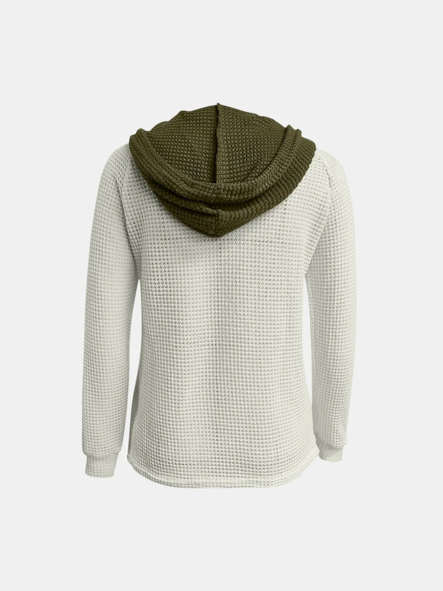 Full Size Waffle - Knit Contrast Long Sleeve Hoodie - Deb Shops