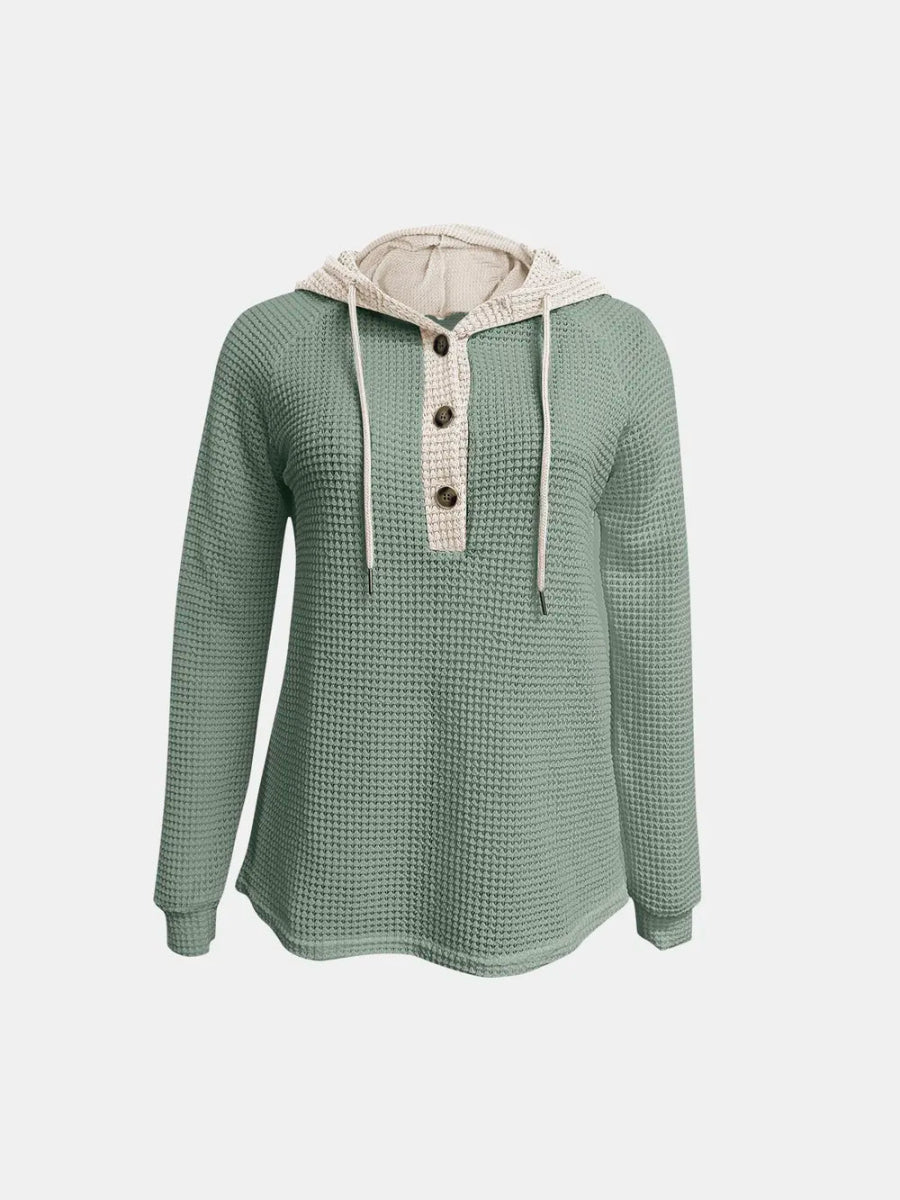 Full Size Waffle - Knit Contrast Long Sleeve Hoodie - Deb Shops