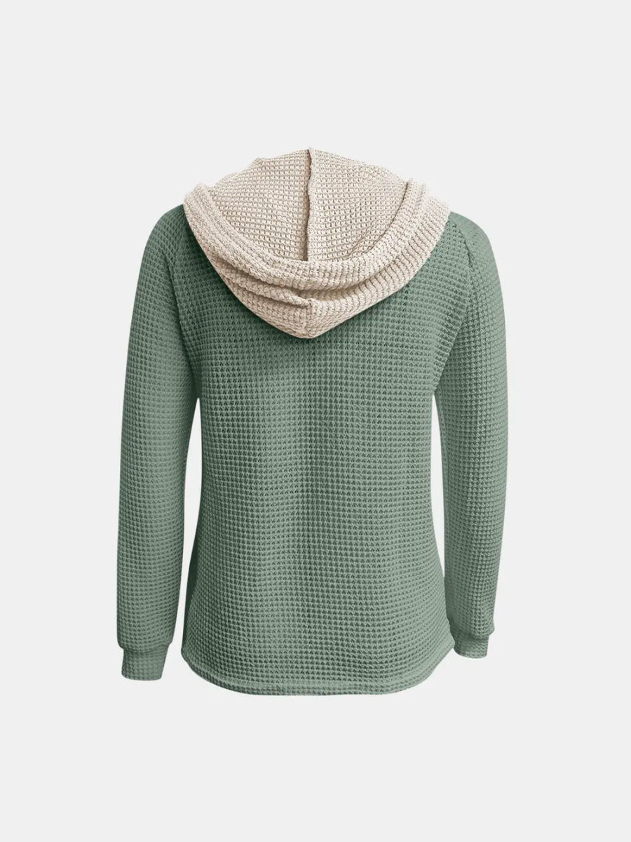 Full Size Waffle - Knit Contrast Long Sleeve Hoodie - Deb Shops
