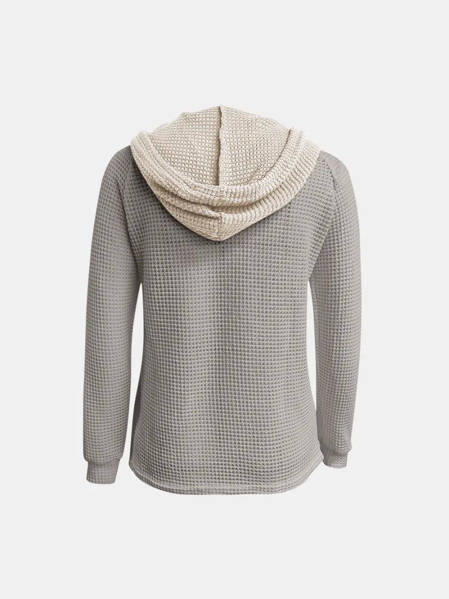 Full Size Waffle - Knit Contrast Long Sleeve Hoodie - Deb Shops