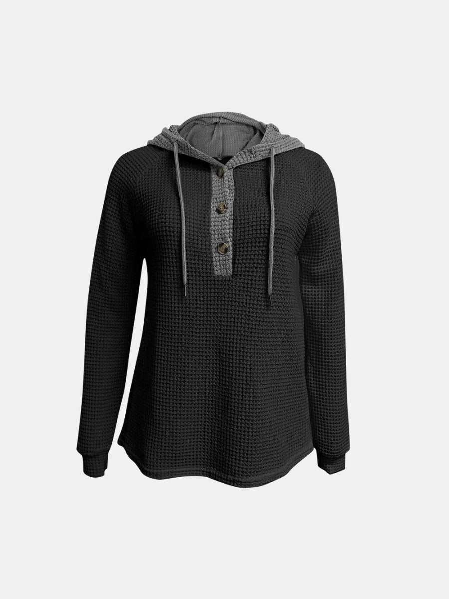 Full Size Waffle - Knit Contrast Long Sleeve Hoodie - Deb Shops