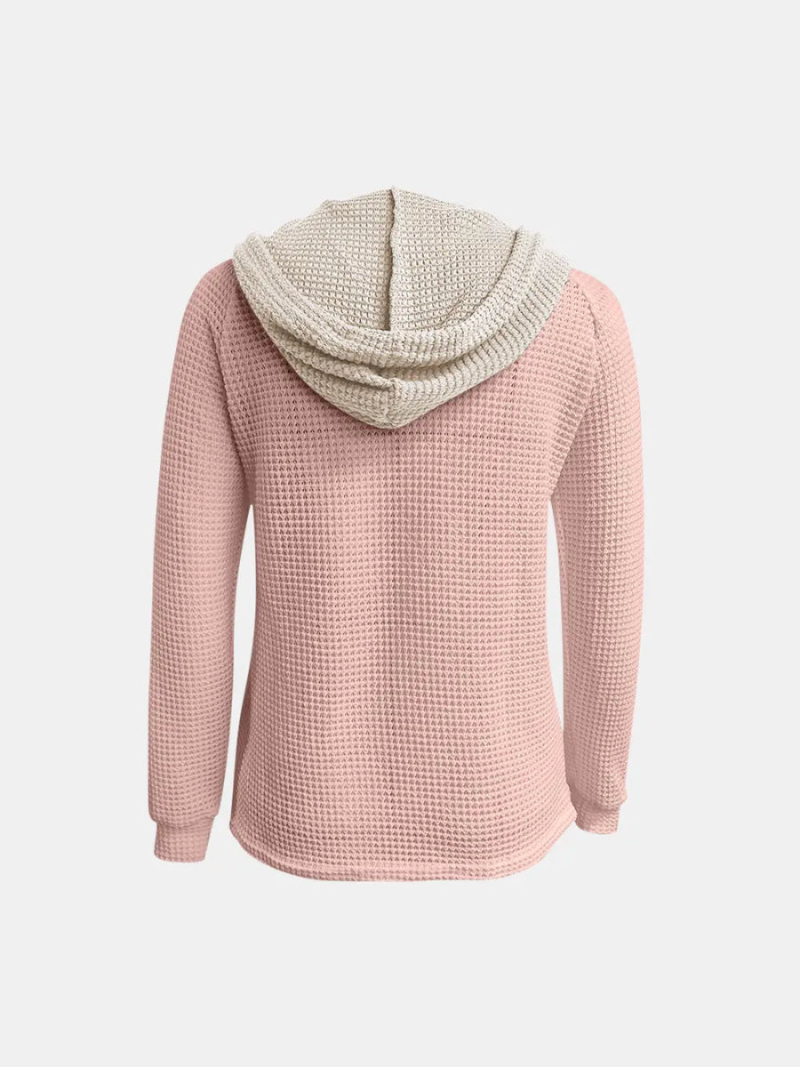 Full Size Waffle - Knit Contrast Long Sleeve Hoodie - Deb Shops