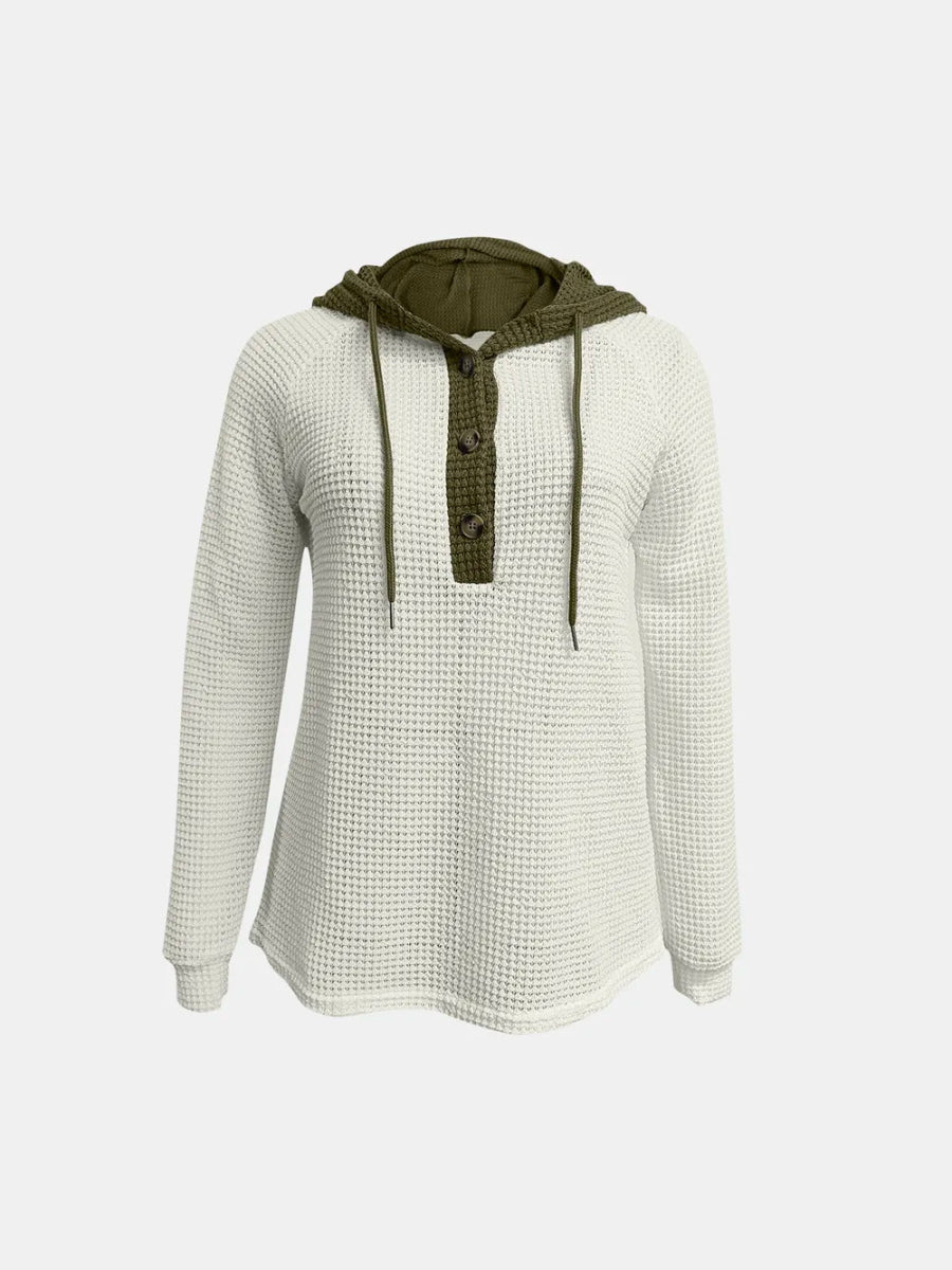 Full Size Waffle - Knit Contrast Long Sleeve Hoodie - Deb Shops