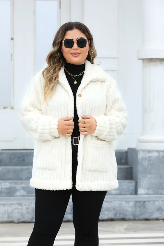 Fuzzy Collared Neck Long Sleeve Jacket - Deb Shops