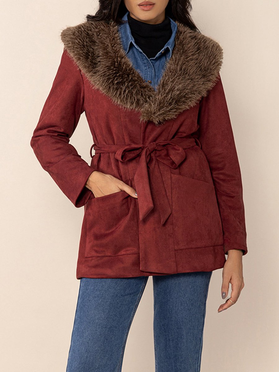 Fuzzy Collared Neck Tie Waist Jacket - Deb Shops