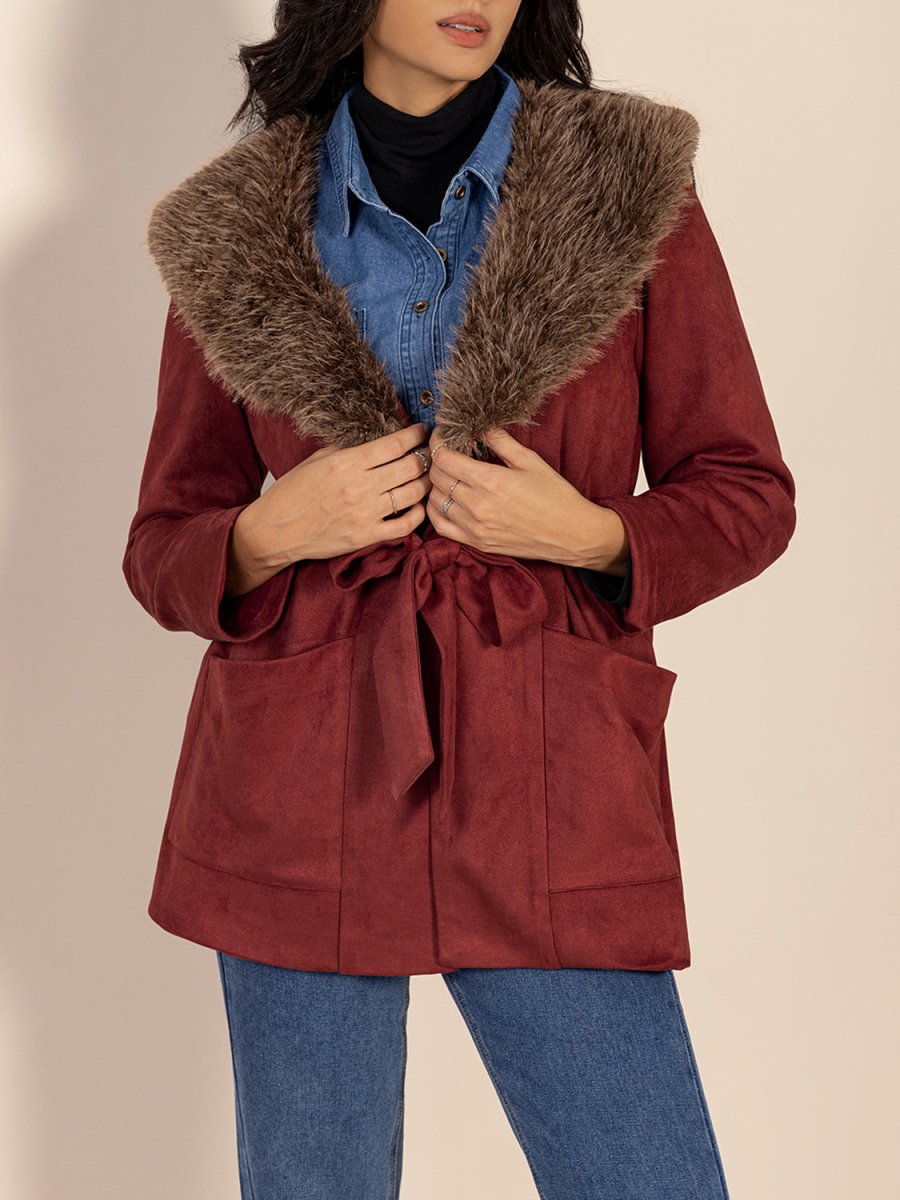 Fuzzy Collared Neck Tie Waist Jacket - Deb Shops