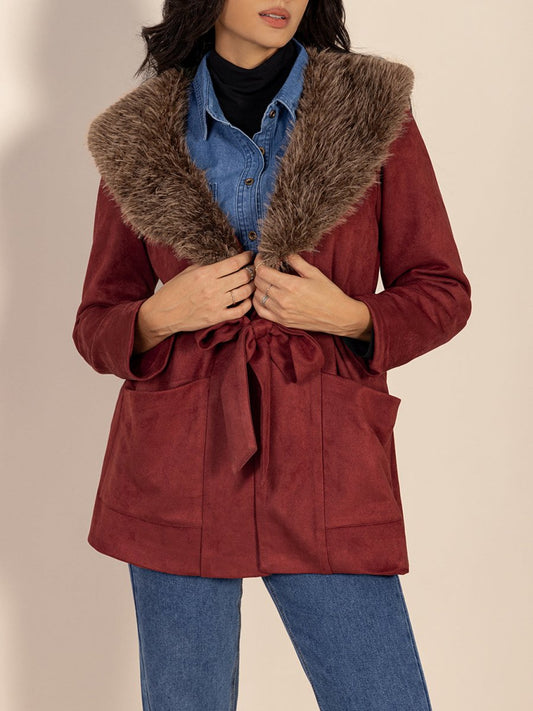 Fuzzy Collared Neck Tie Waist Jacket - Deb Shops