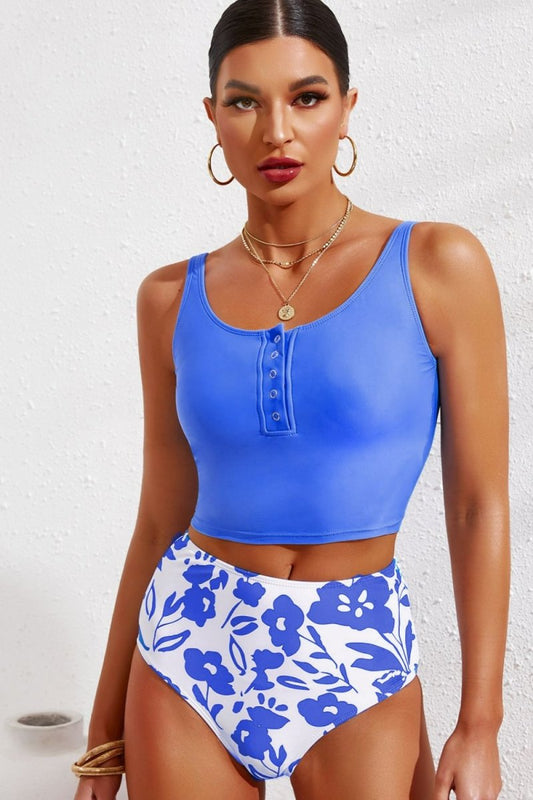 Half Snap Square Neck Tankini Set - Deb Shops