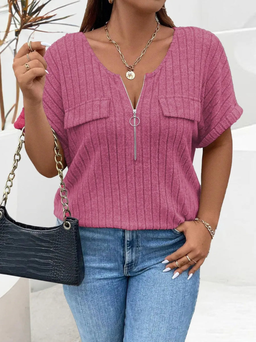 Half Zip Short Sleeve T-Shirt - Deb Shops