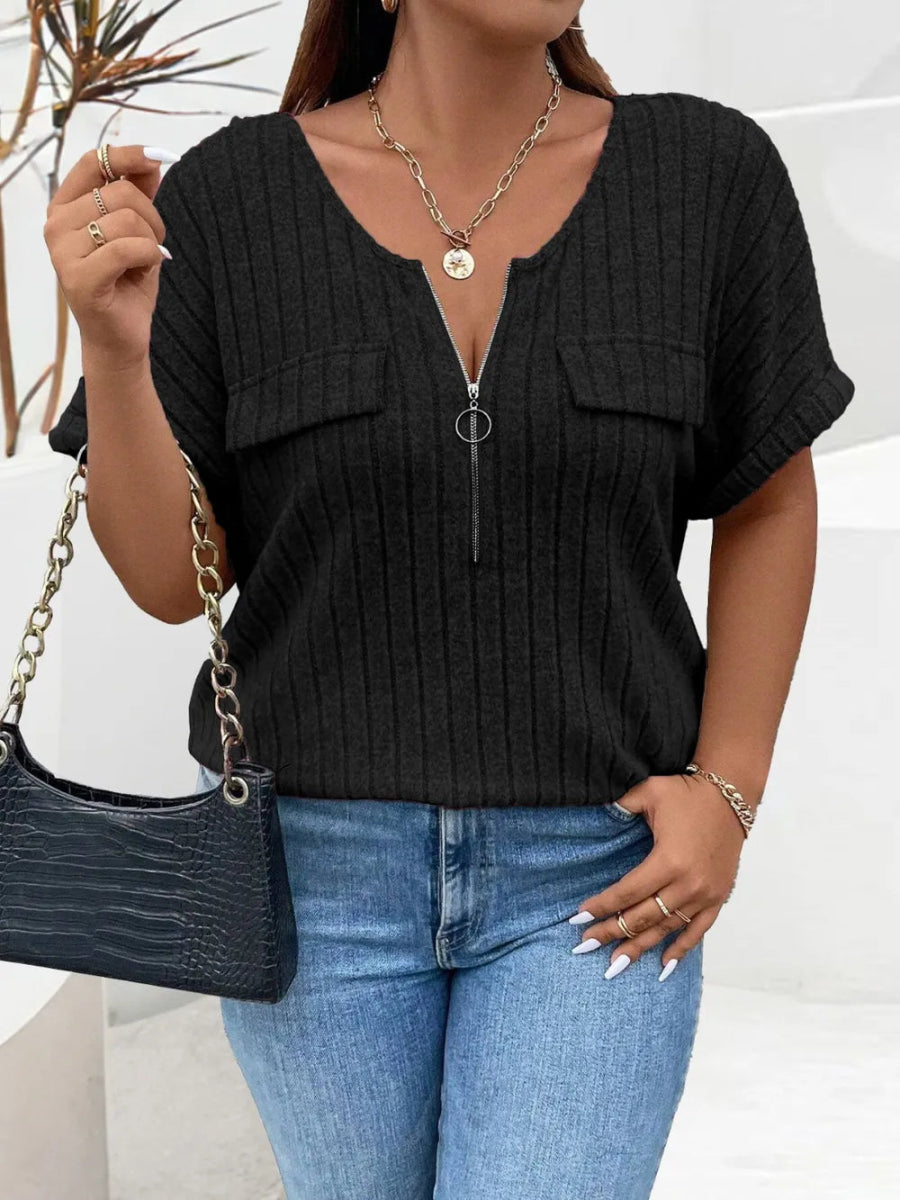 Half Zip Short Sleeve T-Shirt - Deb Shops