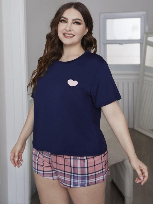Heart Graphic Top and Plaid Shorts Loungewear Set - Deb Shops