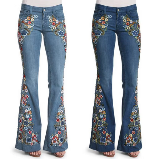 Embroidery Flowers Flare Waist Bell Denim Jeans - Deb Shops