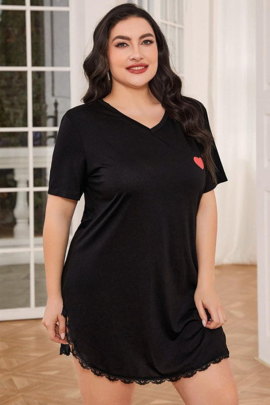 Lace Trim V - Neck Short Sleeve Night Dress - Deb Shops