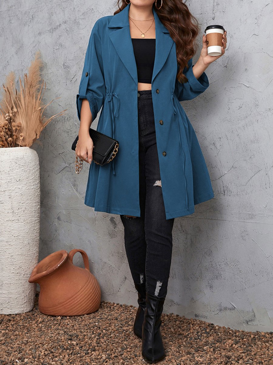 Lapel Collar Drawstring Roll - Tab Sleeve Trench Coat - Deb Shops