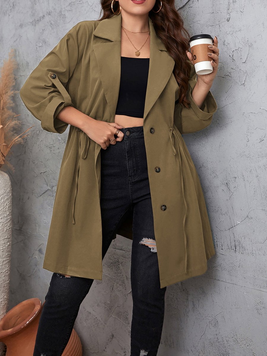 Lapel Collar Drawstring Roll - Tab Sleeve Trench Coat - Deb Shops