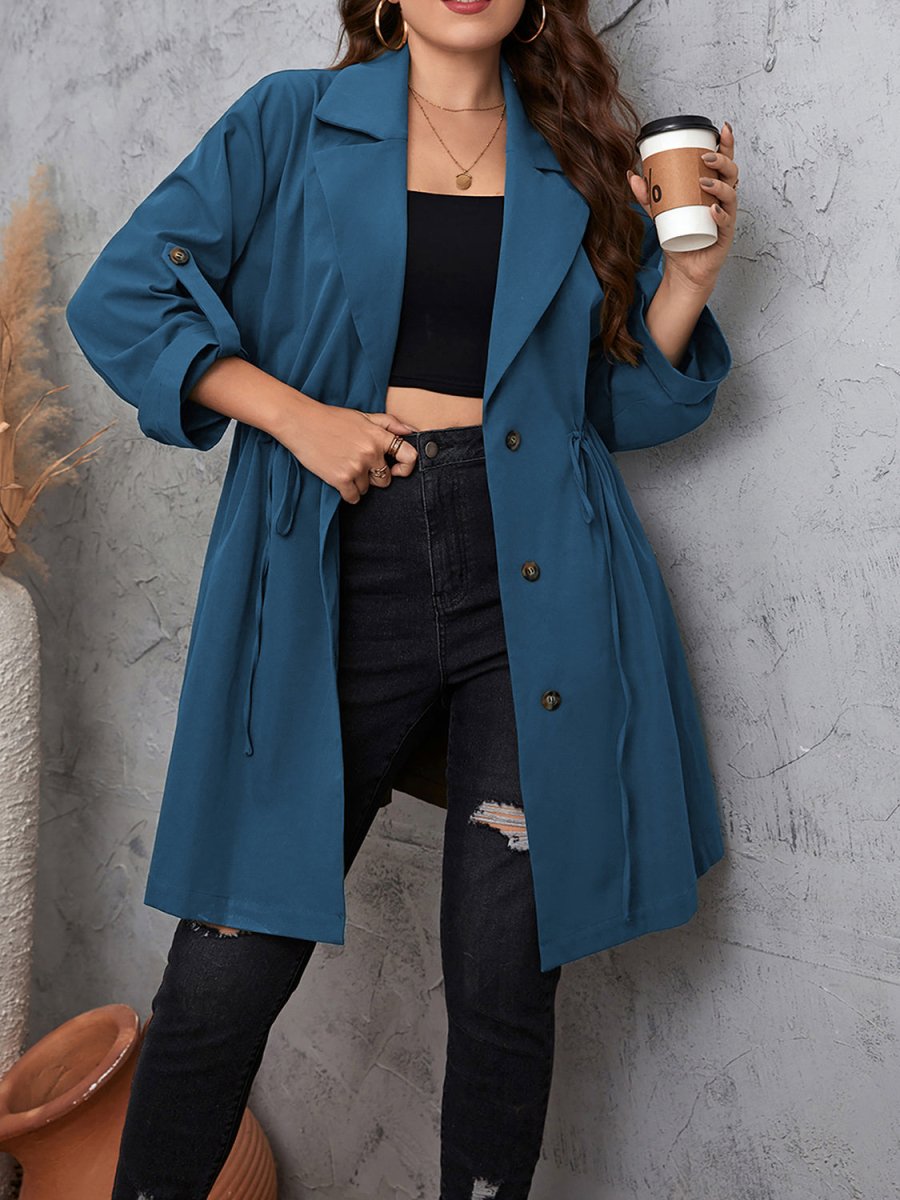 Lapel Collar Drawstring Roll - Tab Sleeve Trench Coat - Deb Shops