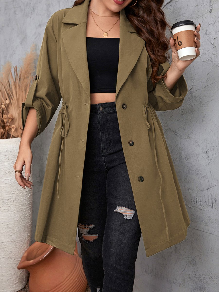Lapel Collar Drawstring Roll - Tab Sleeve Trench Coat - Deb Shops