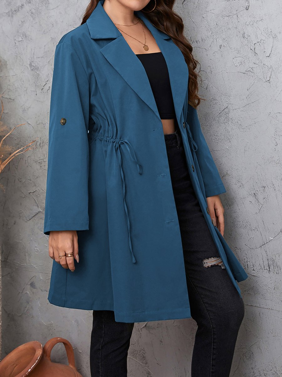 Lapel Collar Drawstring Roll - Tab Sleeve Trench Coat - Deb Shops