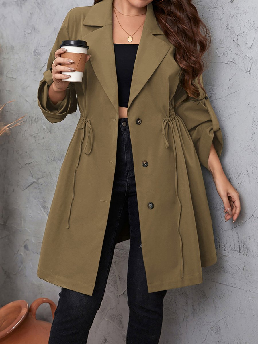 Lapel Collar Drawstring Roll - Tab Sleeve Trench Coat - Deb Shops