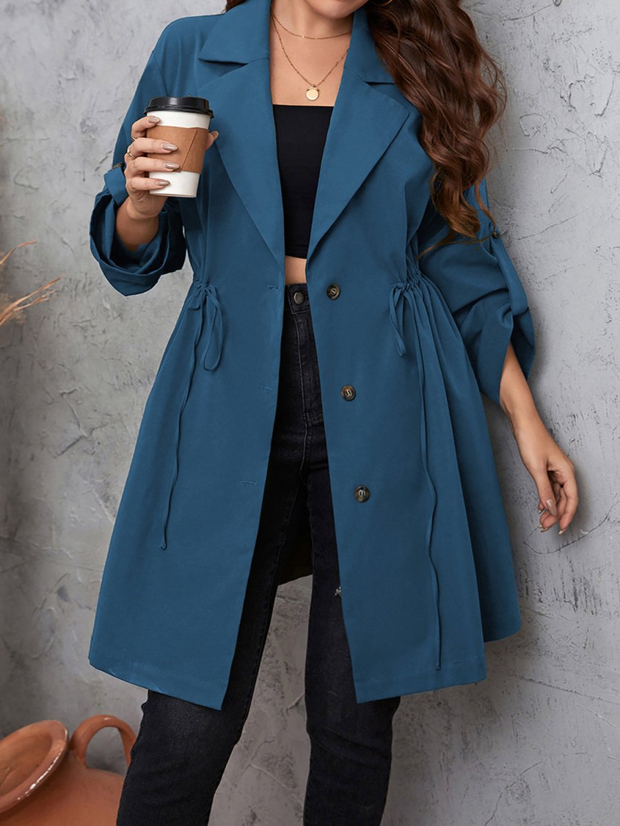 Lapel Collar Drawstring Roll - Tab Sleeve Trench Coat - Deb Shops
