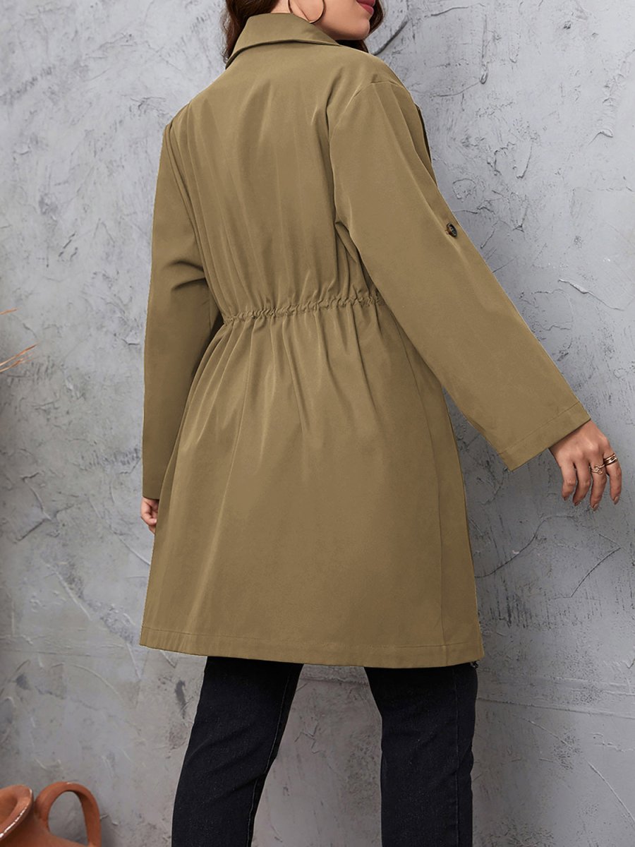Lapel Collar Drawstring Roll - Tab Sleeve Trench Coat - Deb Shops