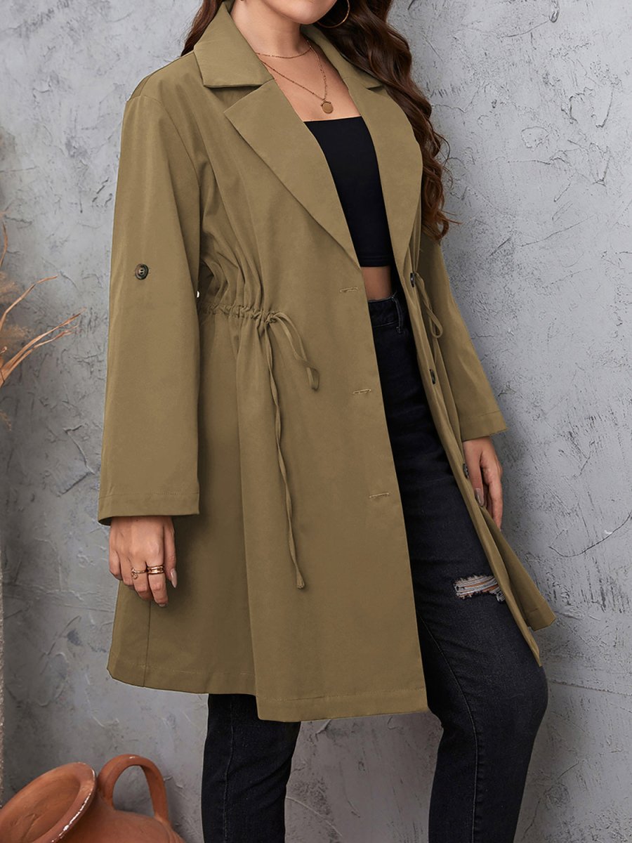 Lapel Collar Drawstring Roll - Tab Sleeve Trench Coat - Deb Shops