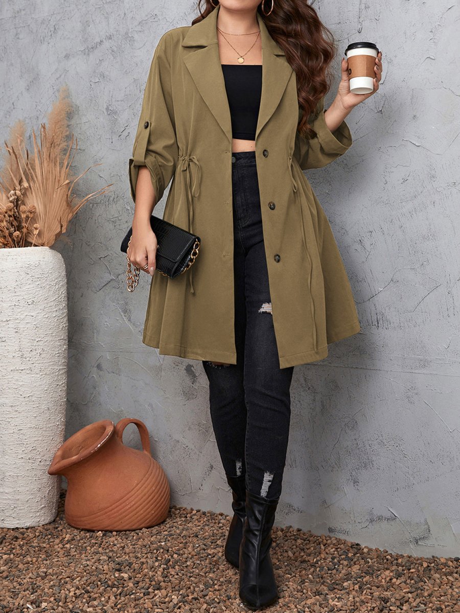 Lapel Collar Drawstring Roll - Tab Sleeve Trench Coat - Deb Shops