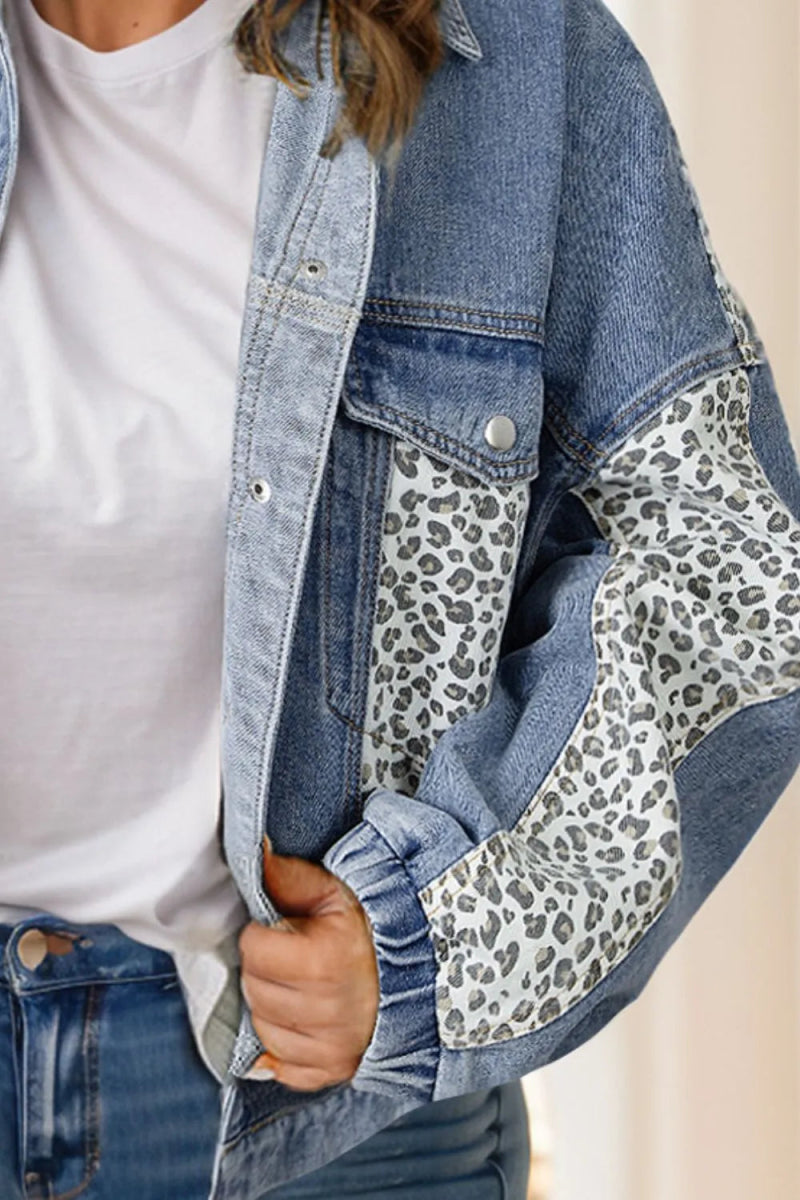 Leopard Long Sleeve Denim Jacket - Deb Shops