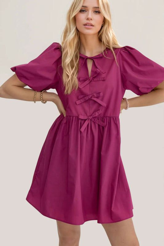 Oh Bow Ruched Puff Sleeve Mini Dress - Deb Shops