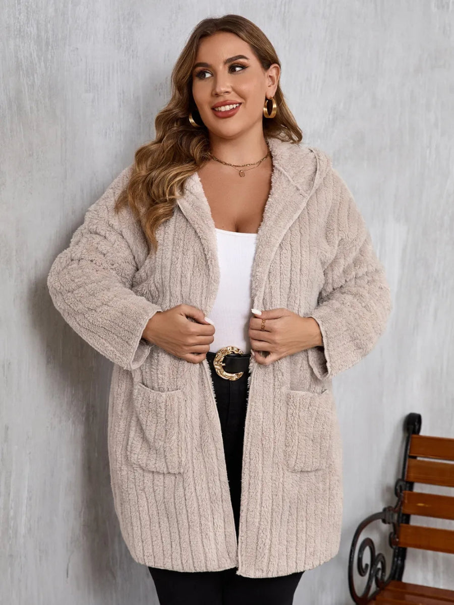 Open Front Long Sleeve Hooded Fuzzy Jacket - Deb Shops