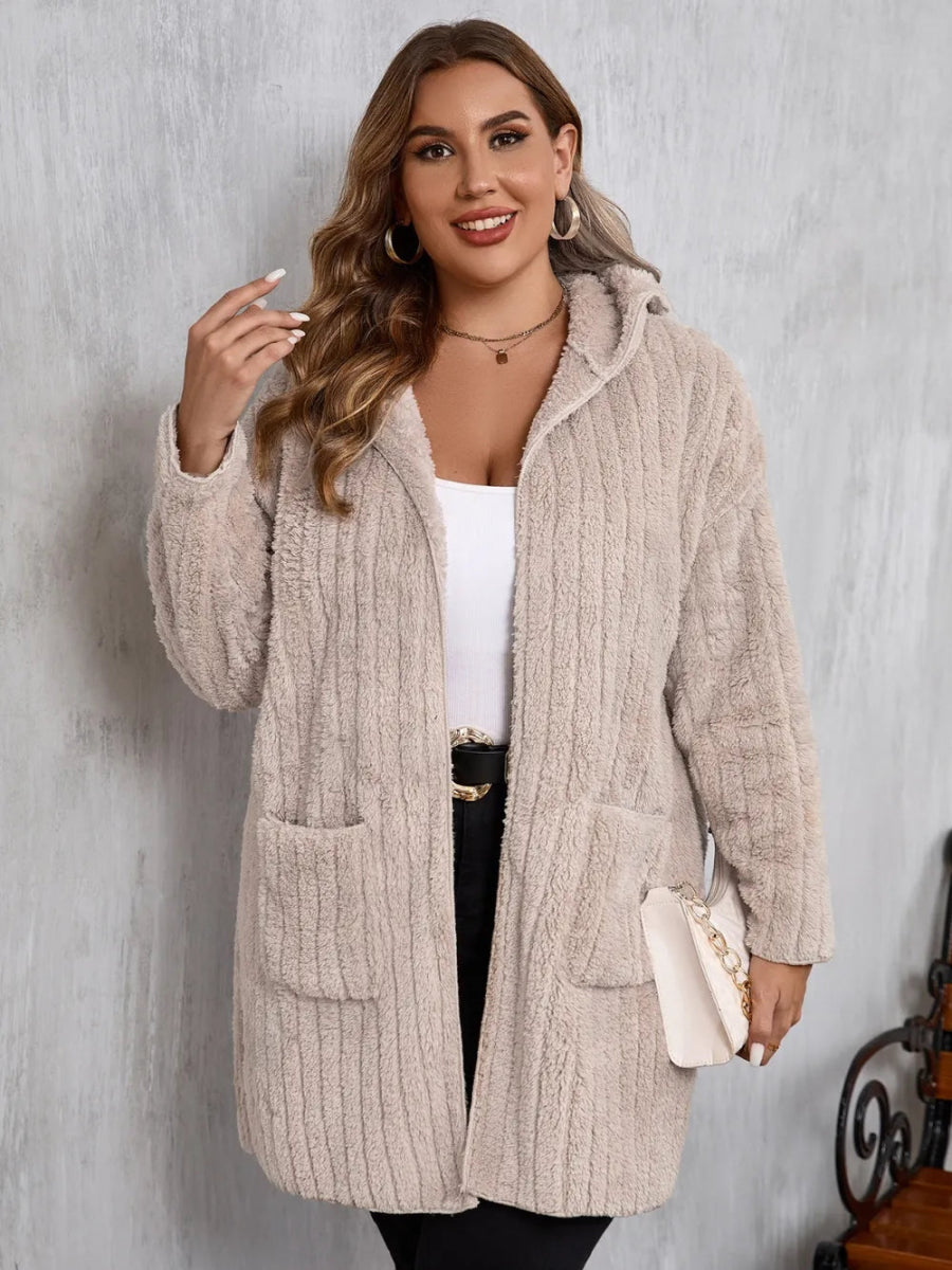 Open Front Long Sleeve Hooded Fuzzy Jacket - Deb Shops
