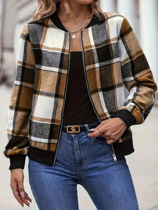 Plaid Baseball Collar Zip Up Jacket - Deb Shops