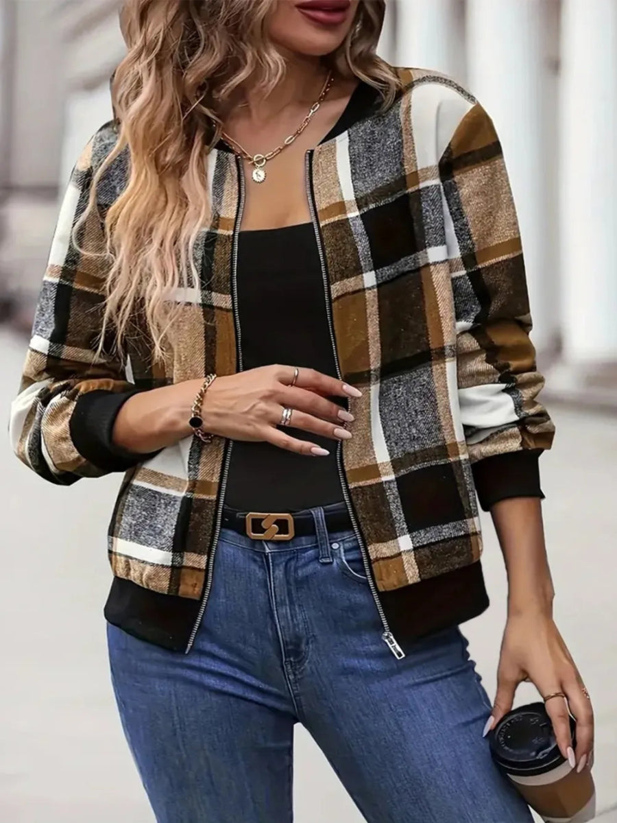 Plaid Baseball Collar Zip Up Jacket - Deb Shops