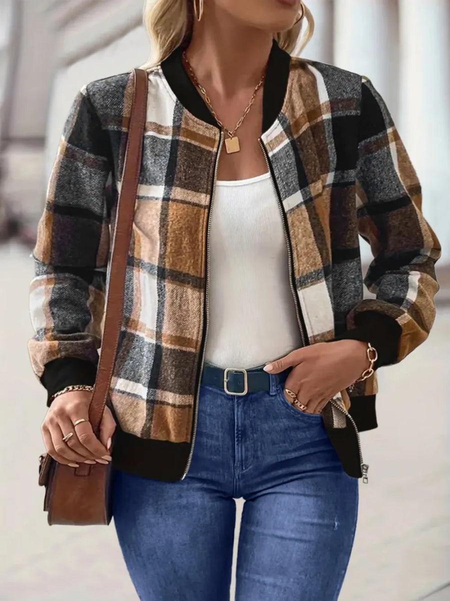 Plaid Baseball Collar Zip Up Jacket - Deb Shops