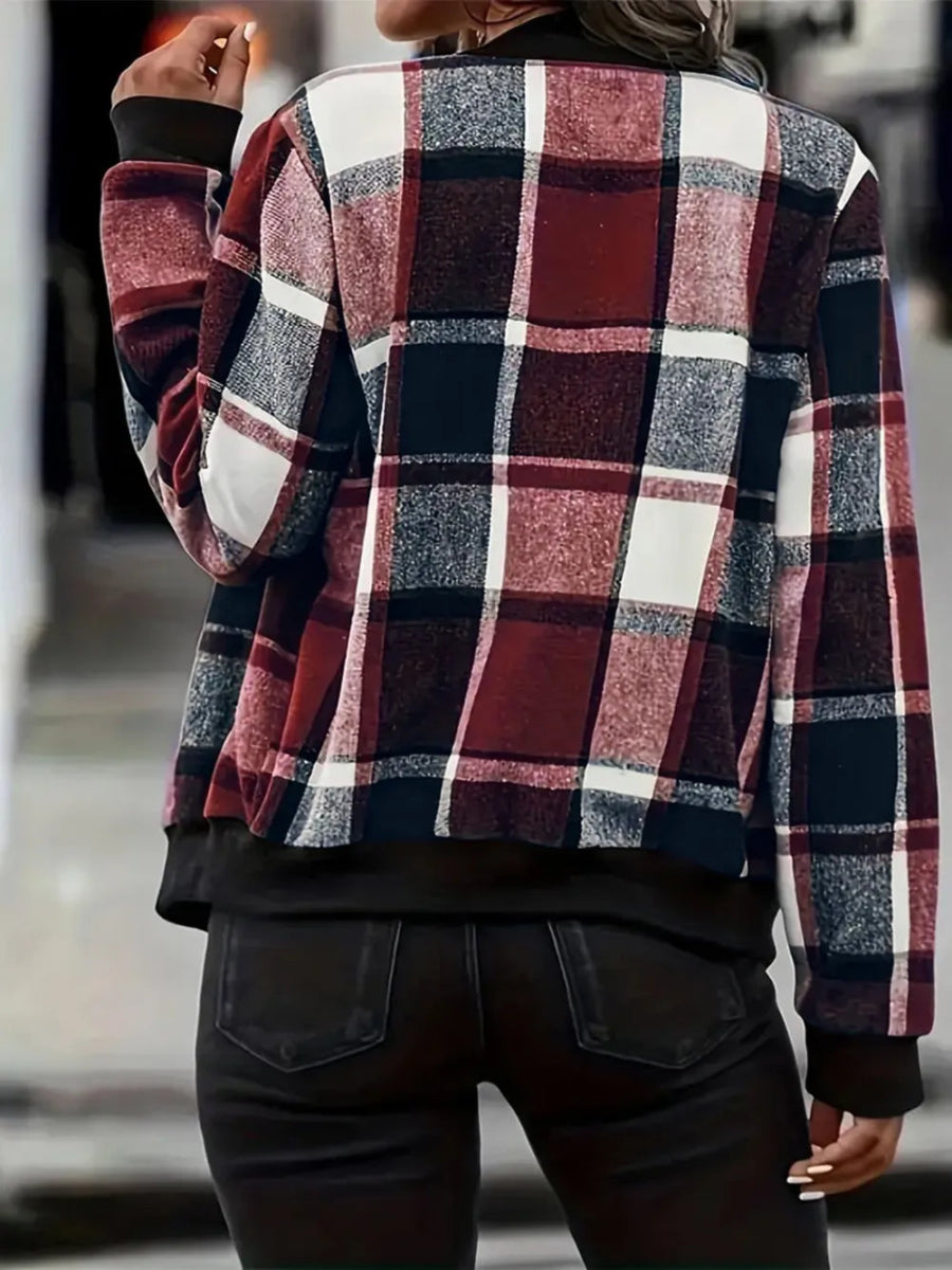 Plaid Baseball Collar Zip Up Jacket - Deb Shops