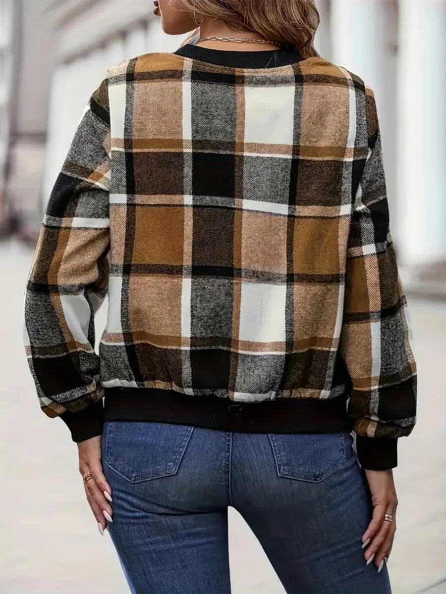 Plaid Baseball Collar Zip Up Jacket - Deb Shops