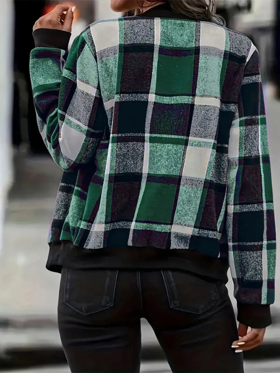 Plaid Baseball Collar Zip Up Jacket - Deb Shops