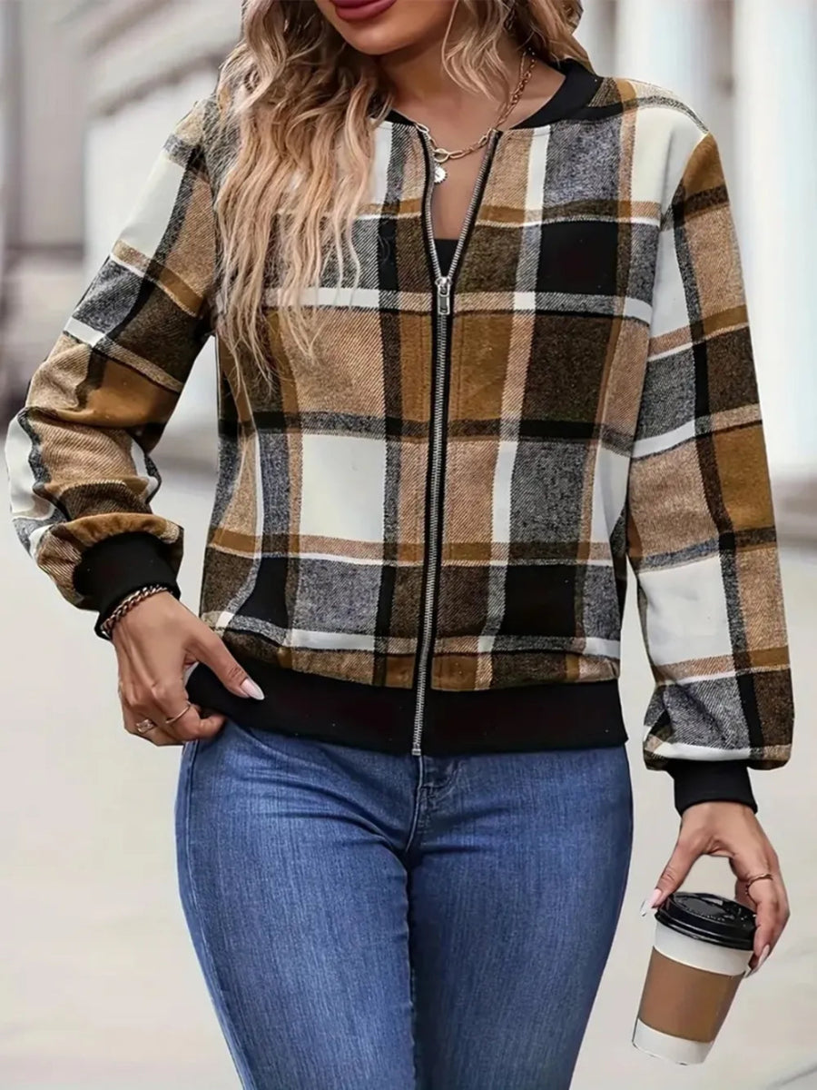 Plaid Baseball Collar Zip Up Jacket - Deb Shops